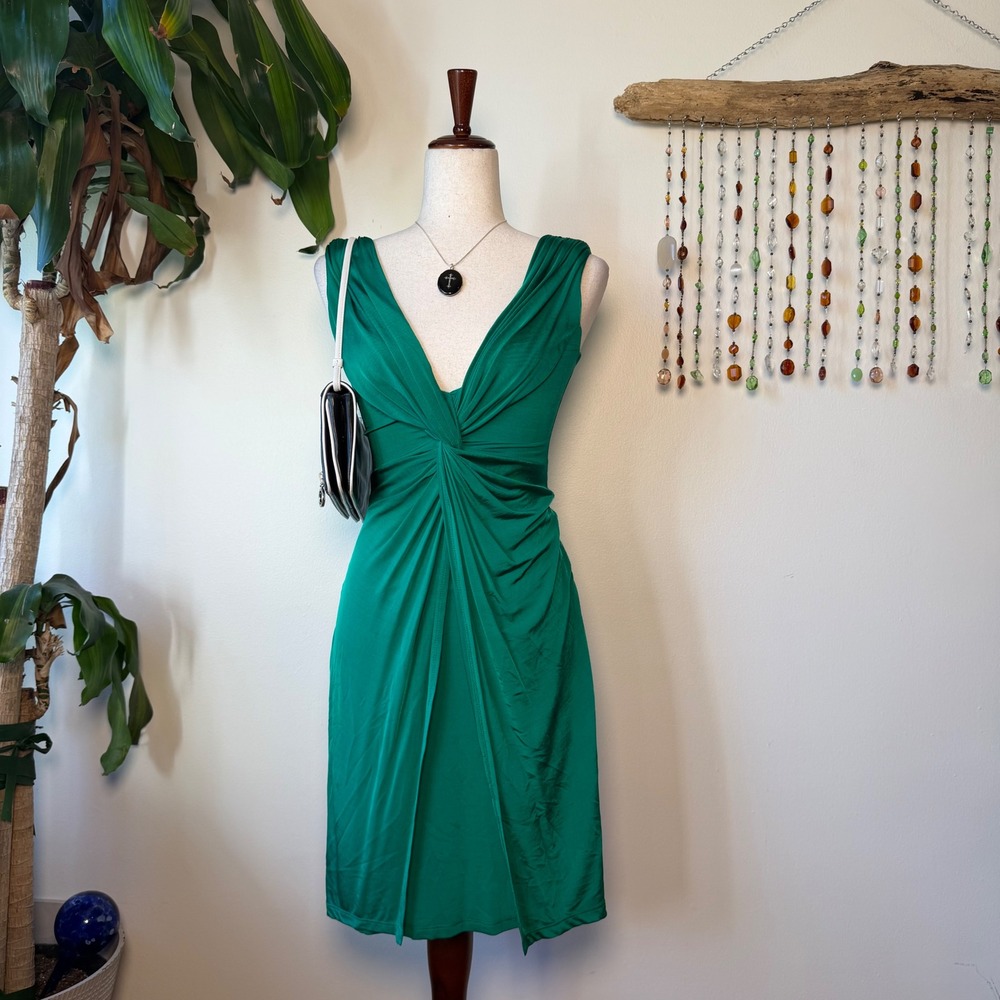 Bebe Green Babydoll Slinky Midi Dress Y2K Twist Front Ruched Made in USA Small